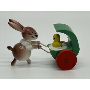 Vintage Goula Spain Bunny Rabbit Pushing Carriage Painted Wood Figure